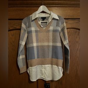 Adrienne Vittadini Plaid Sweater with White Dress Shirt Underneath